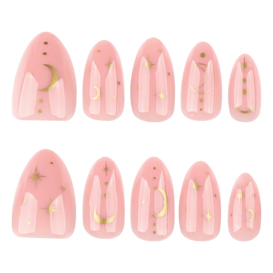 Celestial Dream Pink Long Almond Press On Nail Set with Gold Moon and Star Accents