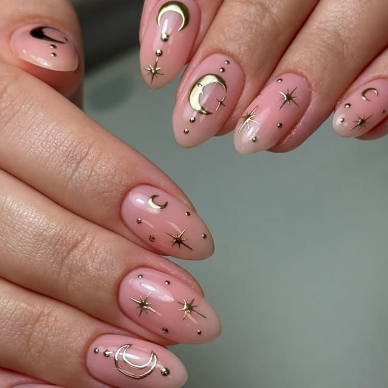 Celestial Dream Medium Almond Pink Press On Nail Set with Star and Moon Accents