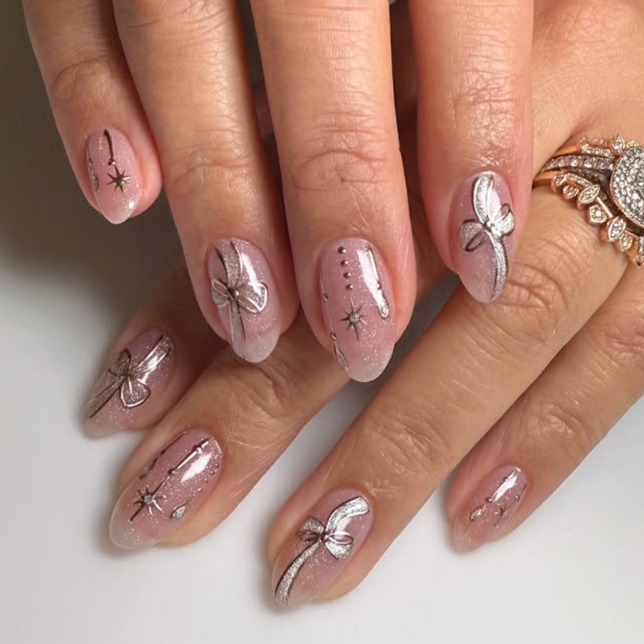 Whimsical Elegance Medium Almond Blush Pink with Shimmering Silver Bows Press On Nail Set
