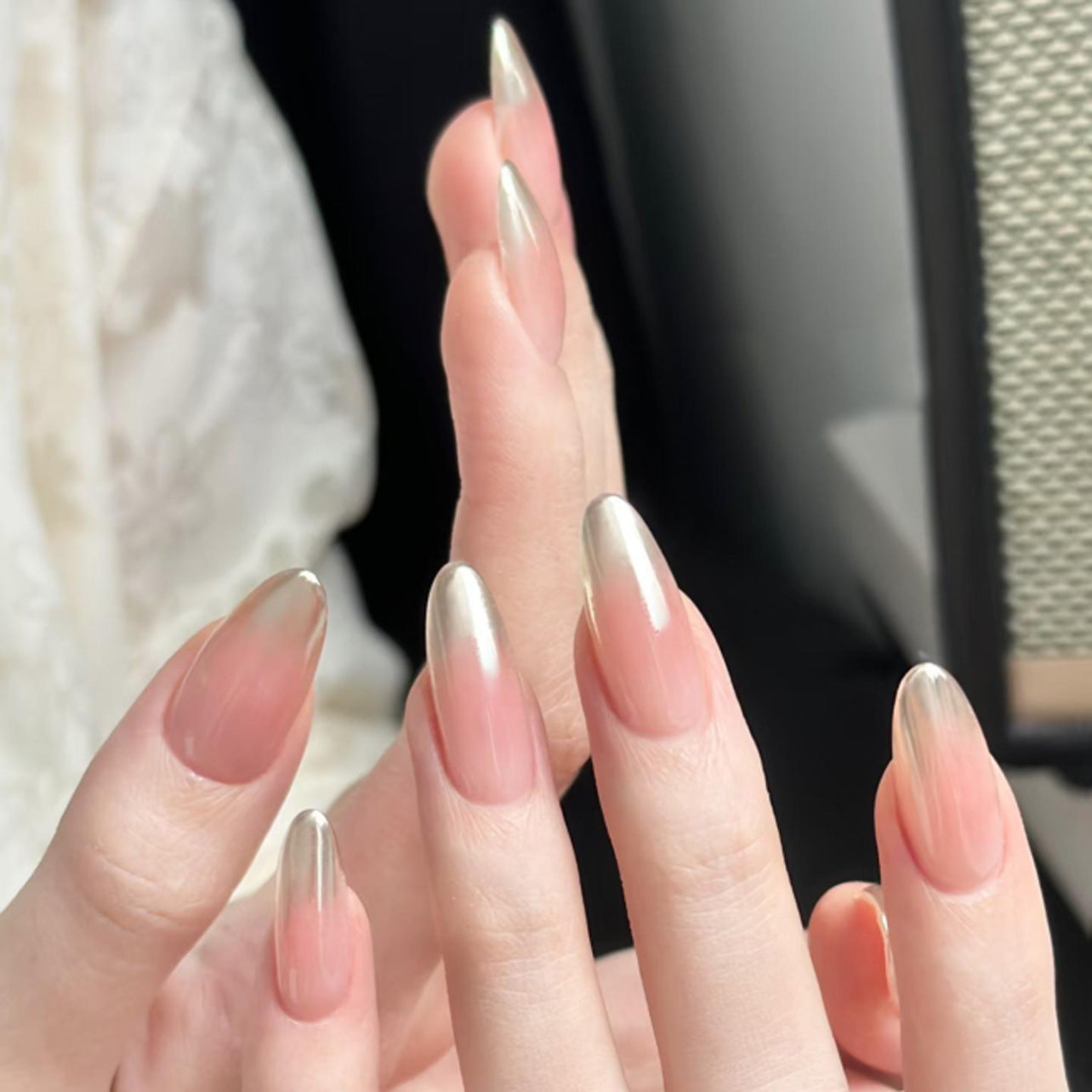 Glamorous Elegance Long Almond Beige with Shimmering Silver Tips Press On Nail Set