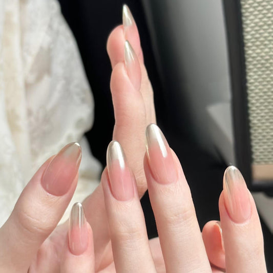 Glamorous Elegance Long Almond Beige with Shimmering Silver Tips Press On Nail Set