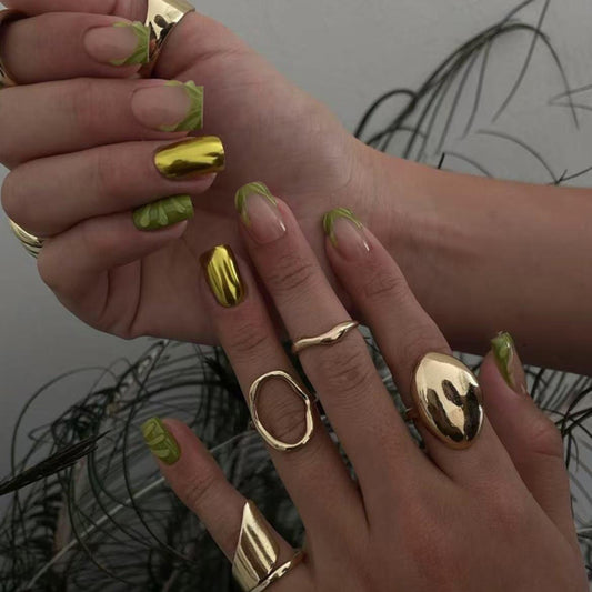 Ethereal Garden Medium Square Green and Metallic Gold Glossy Press On Nail Set with Unique Leaf Accent Design