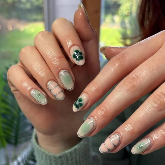 Botanical Bliss Elegant Medium Oval Green Press-On Nail Set with Unique Floral Artistry