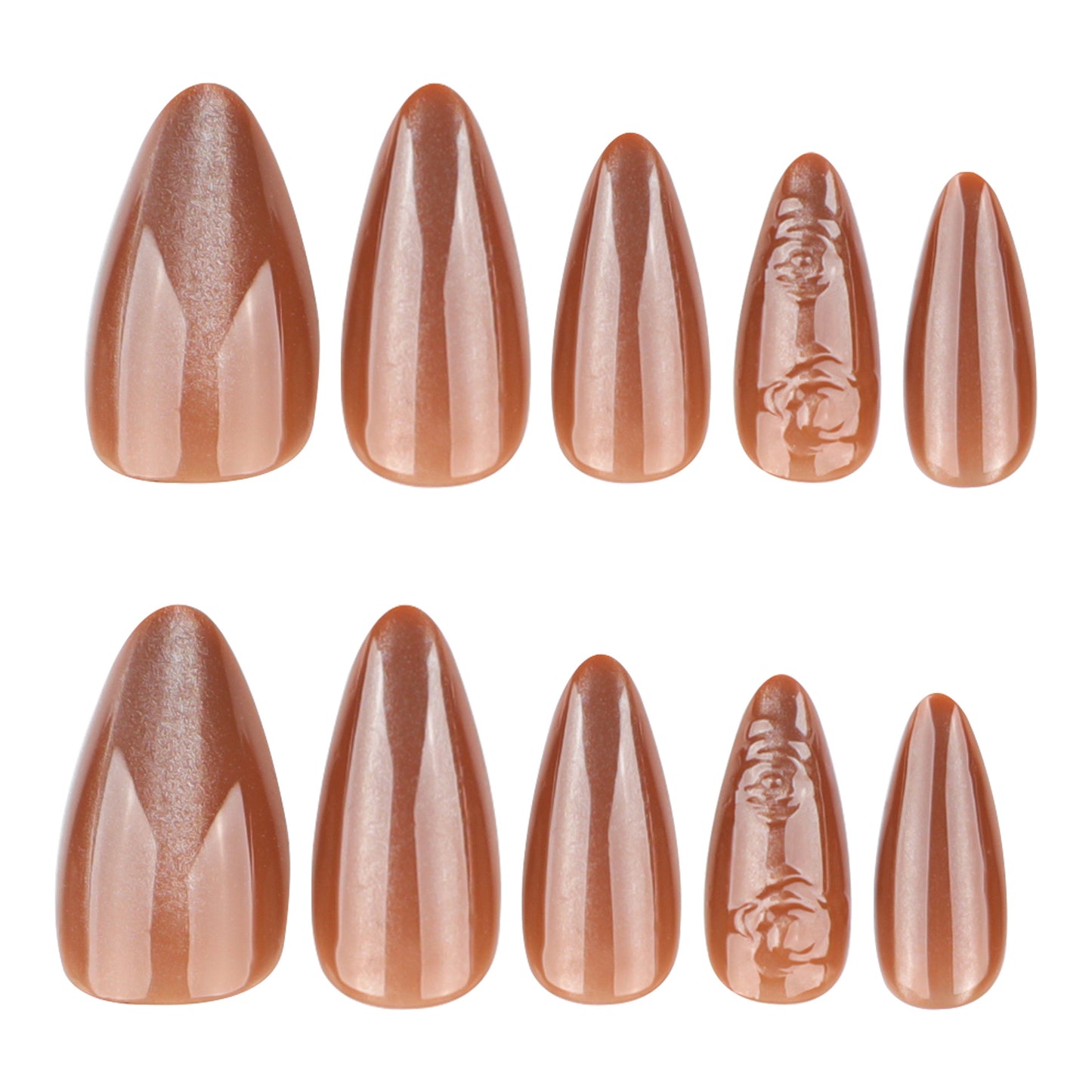 Elegant Autumn Vibes Medium Almond Shaped Warm Brown Press-On Nail Set with Unique Floral Design