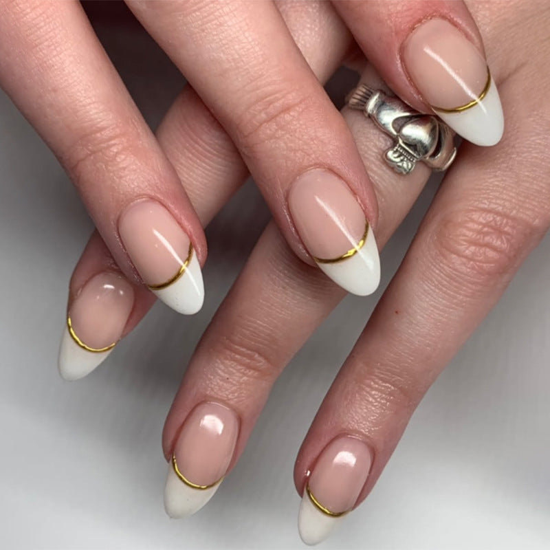 Glamorous Elegance Medium Almond White and Beige Press on Nail Set with Dazzling Gold Accents
