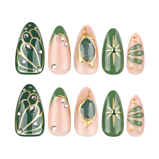 Glamorous Garden Themed Green Medium Almond Shaped Set of Press On Nails with Gold Accents and Gemstone Embellishments