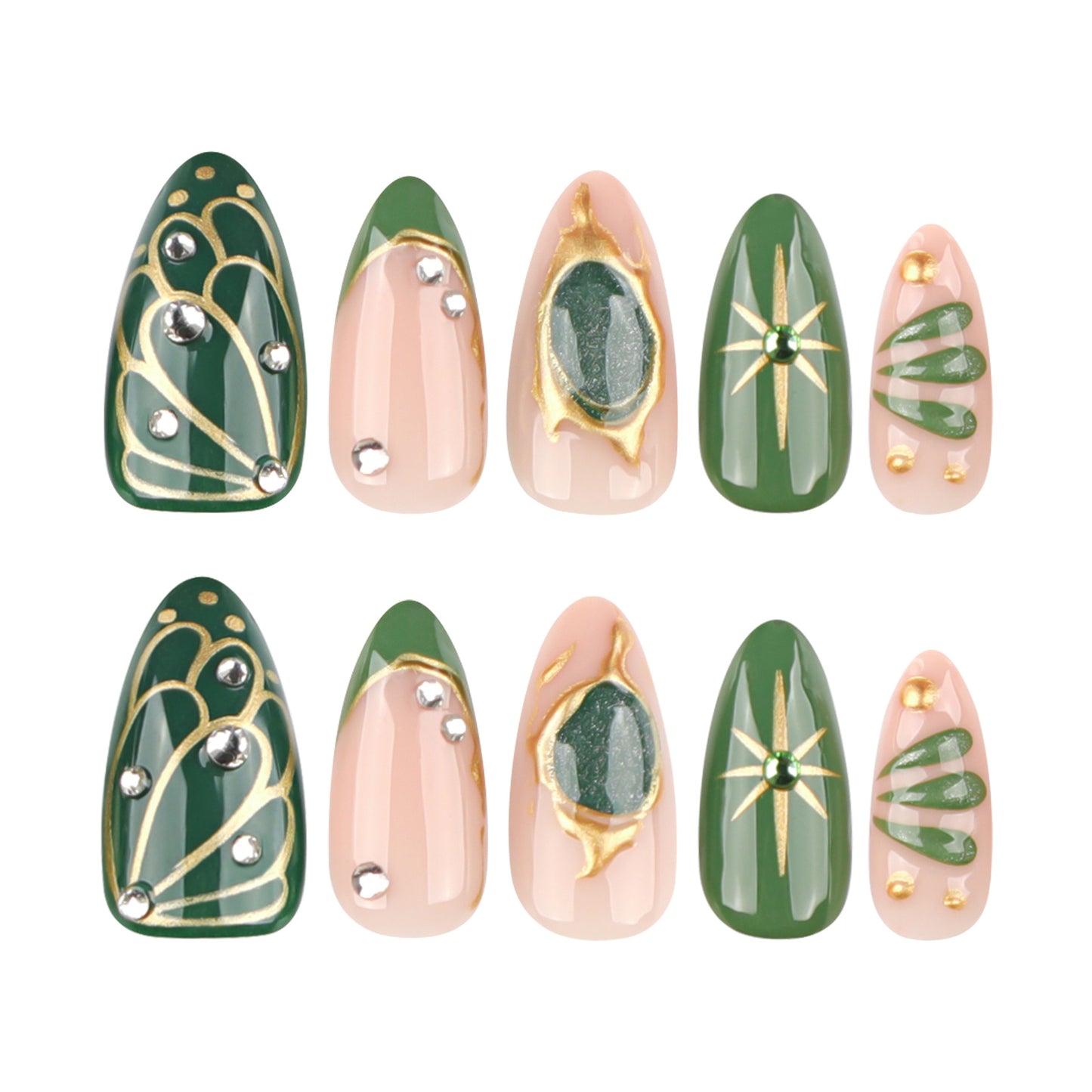 Glamorous Garden Themed Green Medium Almond Shaped Set of Press On Nails with Gold Accents and Gemstone Embellishments