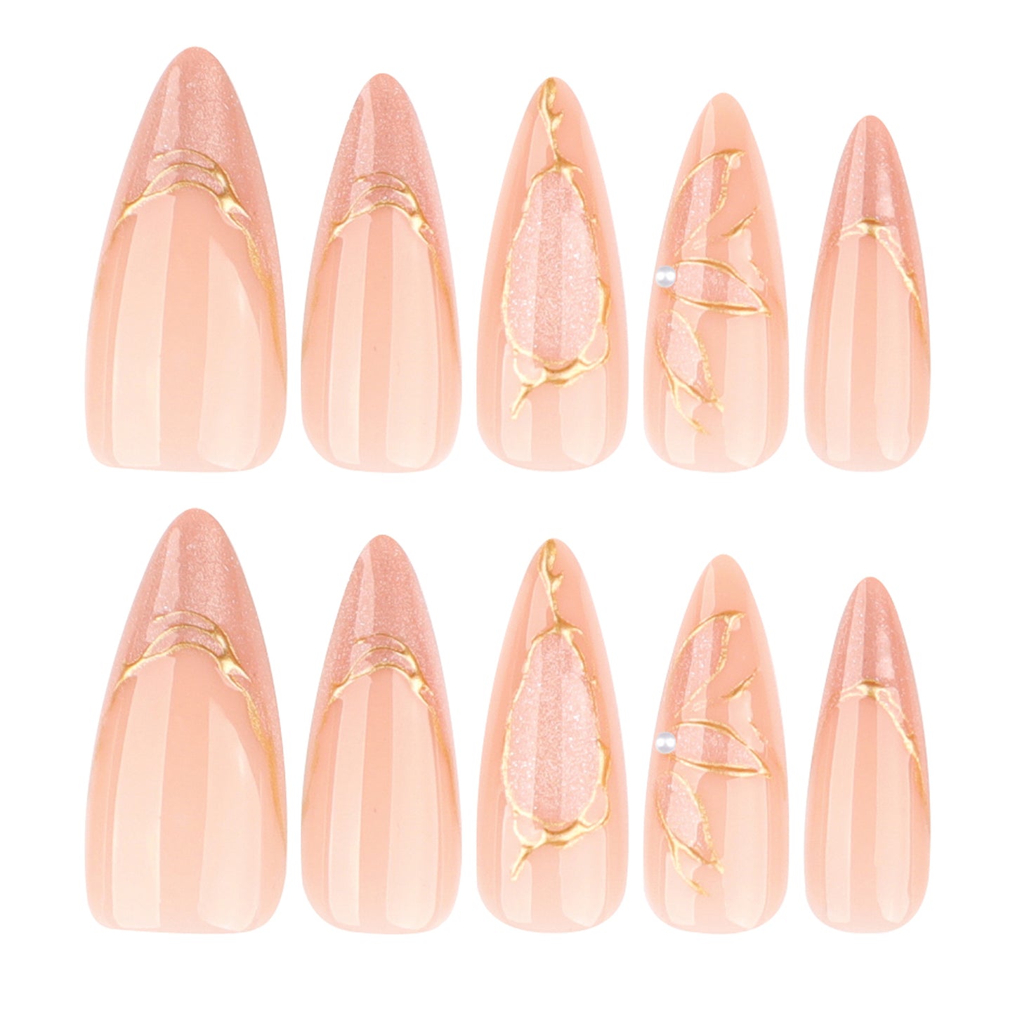 Blooming Elegance Long Almond Shaped Soft Pink with Golden Floral Accents Press On Nail Set