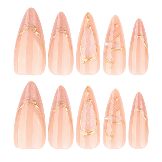 Blooming Elegance Long Almond Shaped Soft Pink with Golden Floral Accents Press On Nail Set