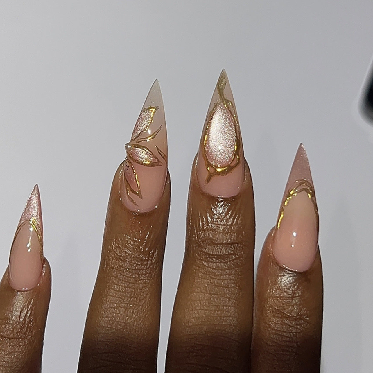 Whimsical Elegance Long Stiletto Blush Pink with Intricate Gold Leaf Accent Press On Nail Set