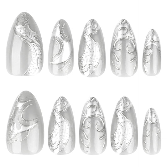 Mystical Ocean Elegance Medium Almond Silver Press-On Nail Set with Intricate Wave Design