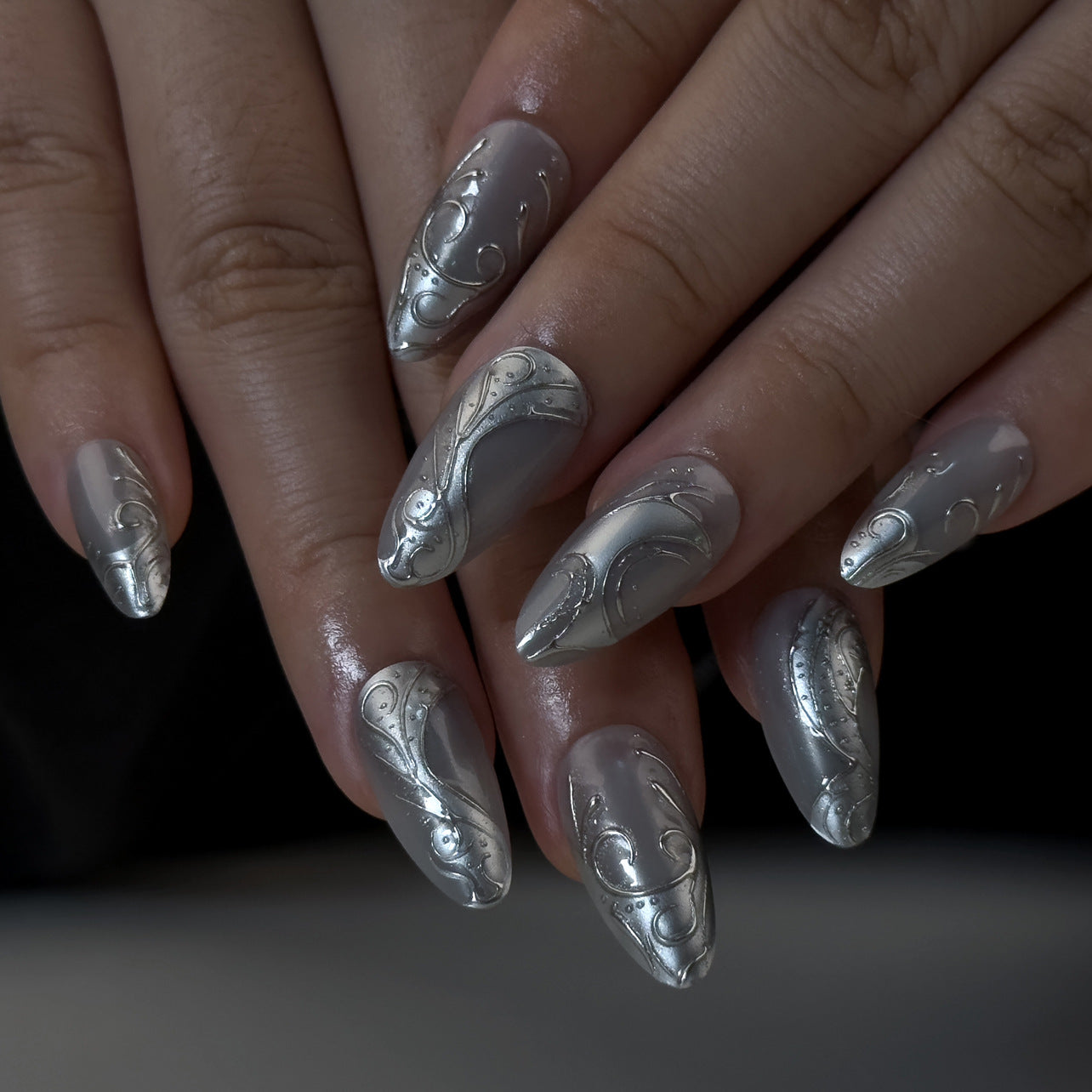Glamorous Elegance Long Almond Silver Gray Press on Nail Set with Intricate Metallic Detailing