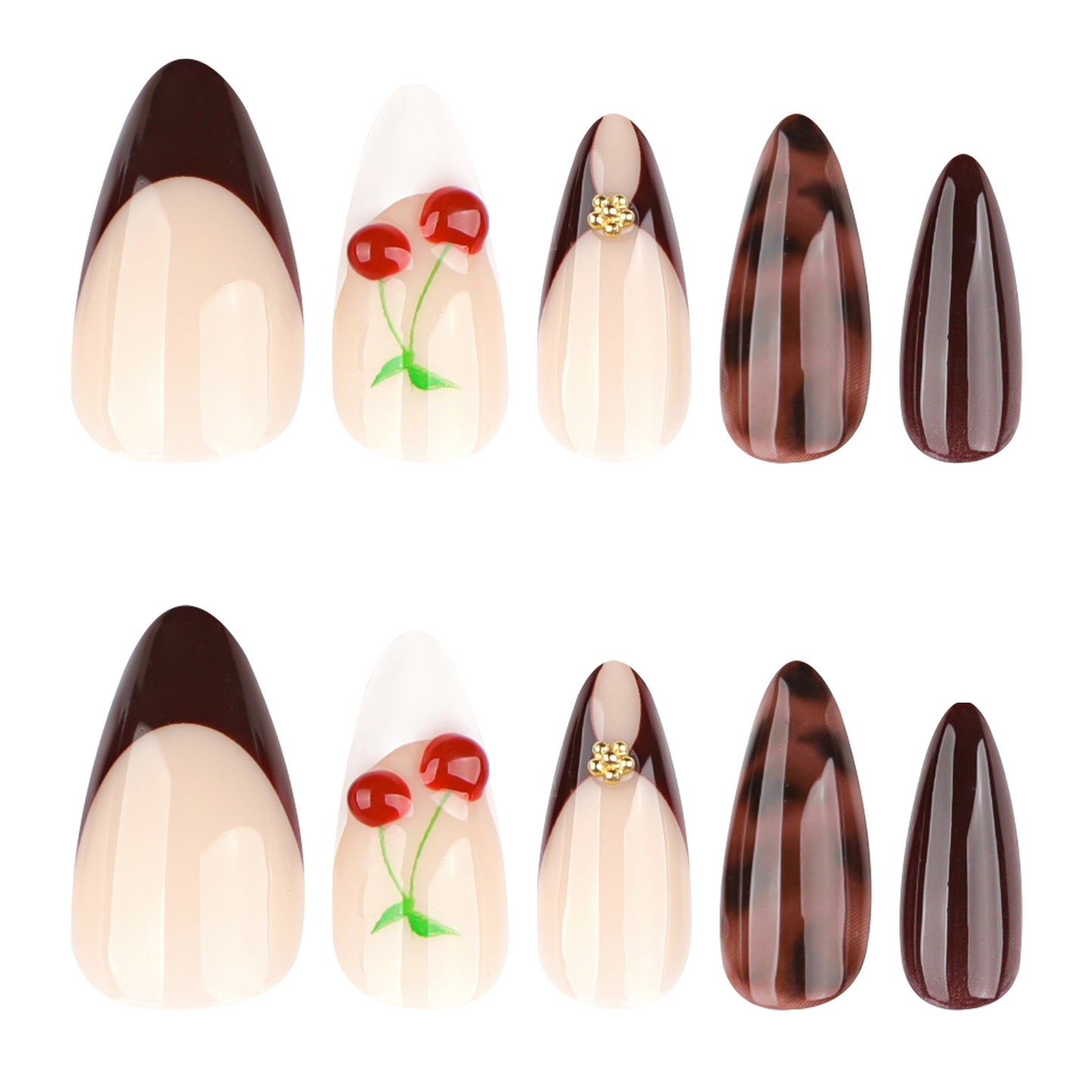 Cherry Blossom Elegance Medium Almond Shape Brown and Beige Tones with Floral Accents and Glossy Finish Press On Nail Set