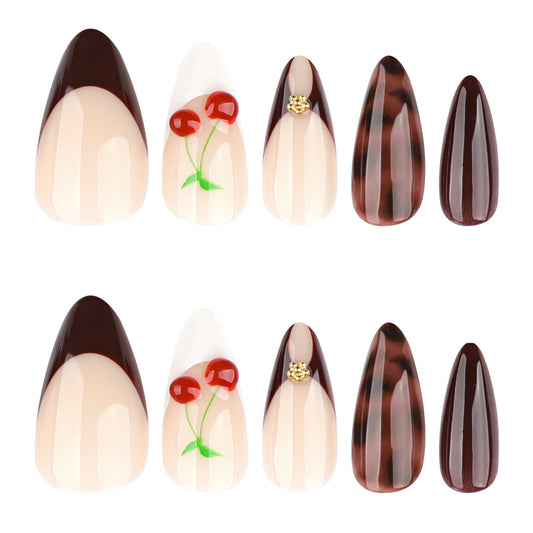 Cherry Blossom Elegance Medium Almond Shape Brown and Beige Tones with Floral Accents and Glossy Finish Press On Nail Set
