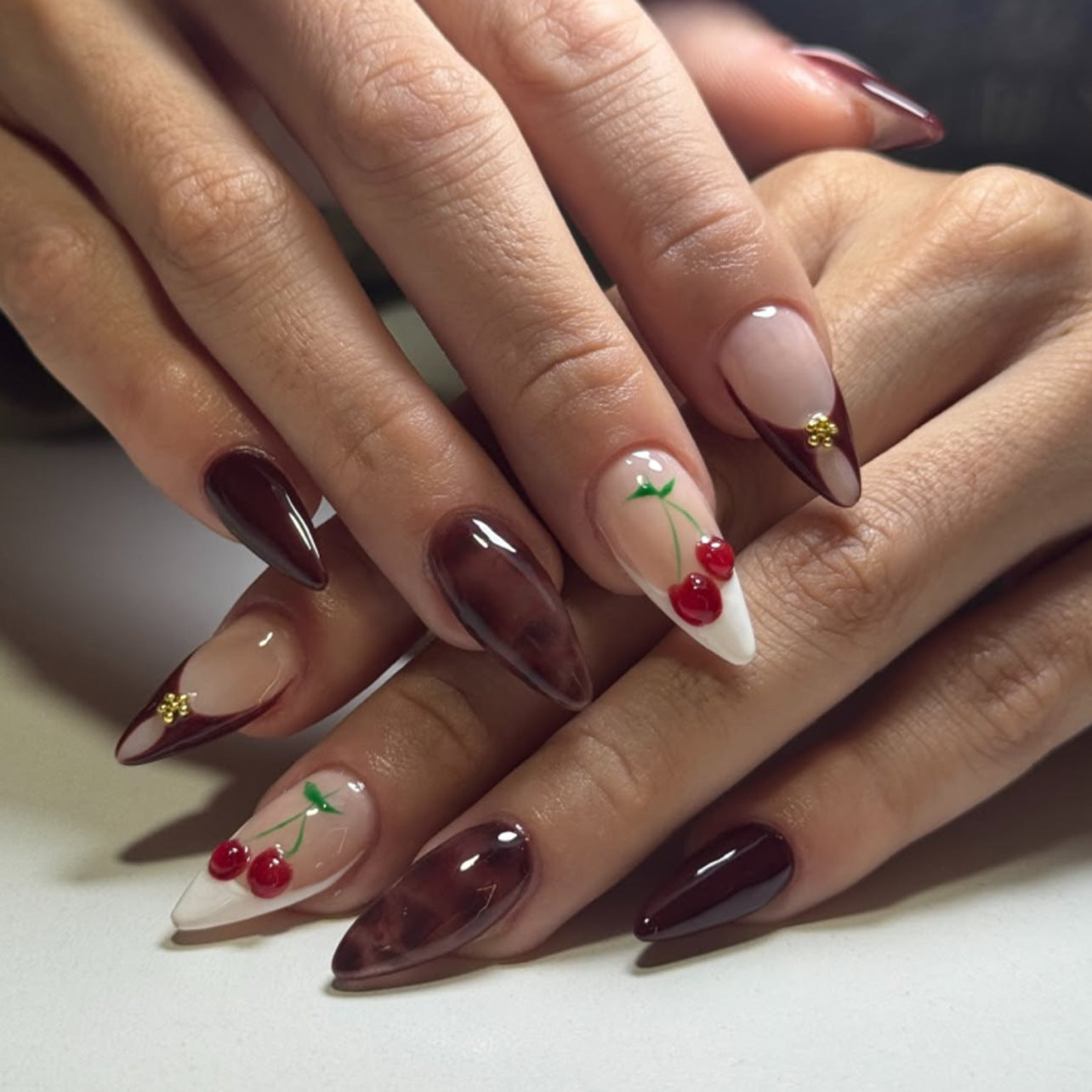 Cherry Blossom Delight MEdium Almond Burgundy and White Press on Nail Set with Hand-Painted Cherry Designs