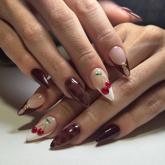 Cherry Blossom Delight MEdium Almond Burgundy and White Press on Nail Set with Hand-Painted Cherry Designs