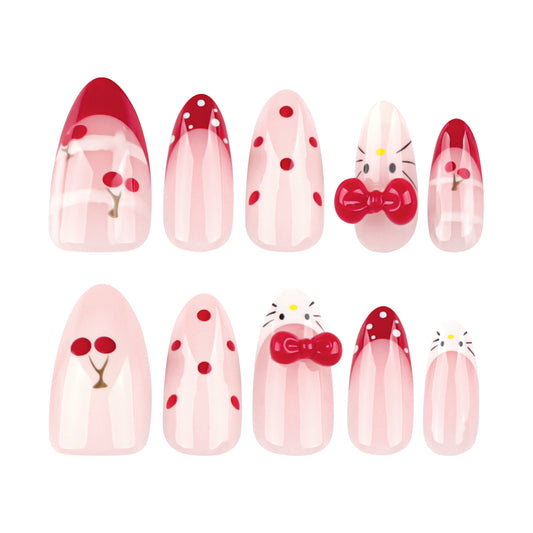 Cherry Blossom Delight Charming Medium Almond Shaped Pink Nail Set with Adorable Bow and Polka Dot Accents