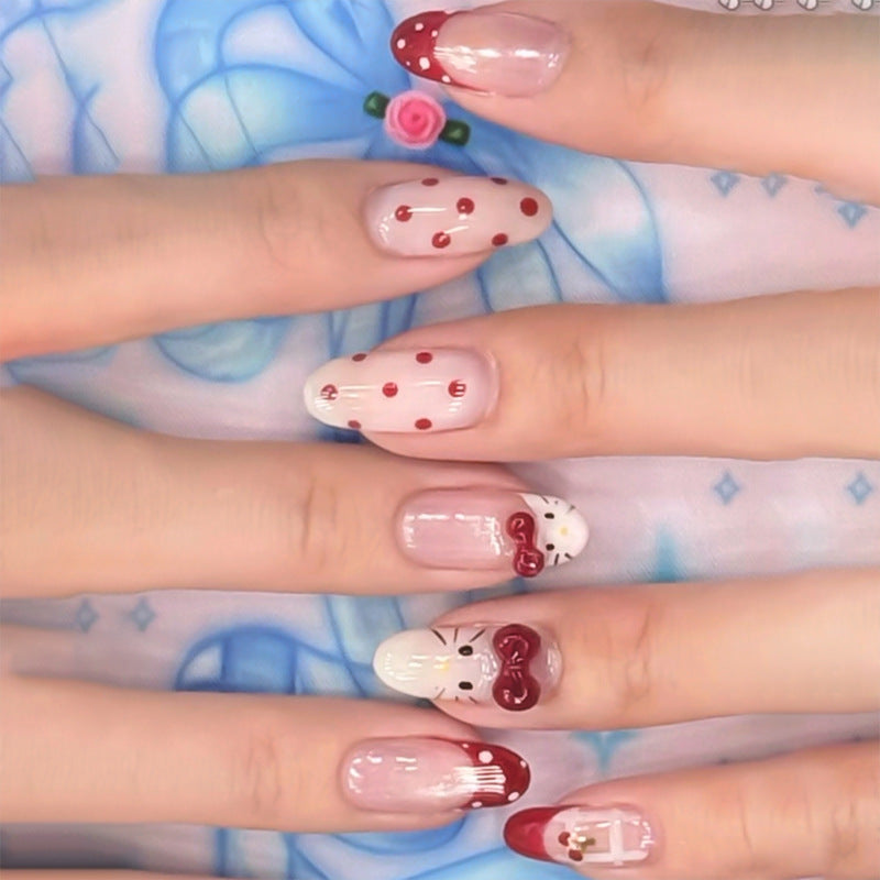 Sweet Strawberry Dreams Medium Oval Pink Red Polka Dot Design with Cute Bow Details Press On Nail Set
