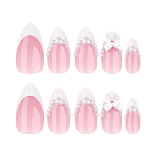 Whimsical Pink Medium Almond Ballerina Nails with Pearl Embellishments