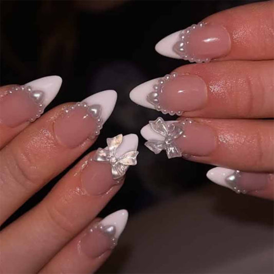 Elegant Floral Fantasy Medium Almond White and Clear Bow Detail Press On Nail Set