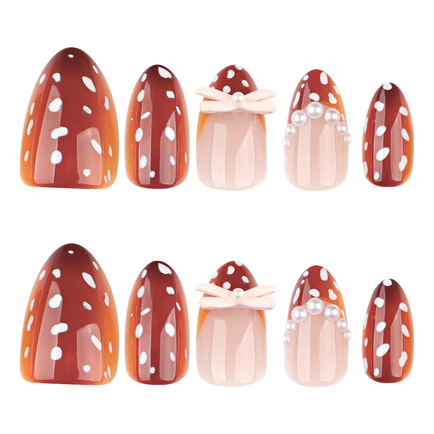 Whimsical Forest Inspired Short Almond and Square Burgundy and Cream Nail Set with Charming Bow and Pearl Accents