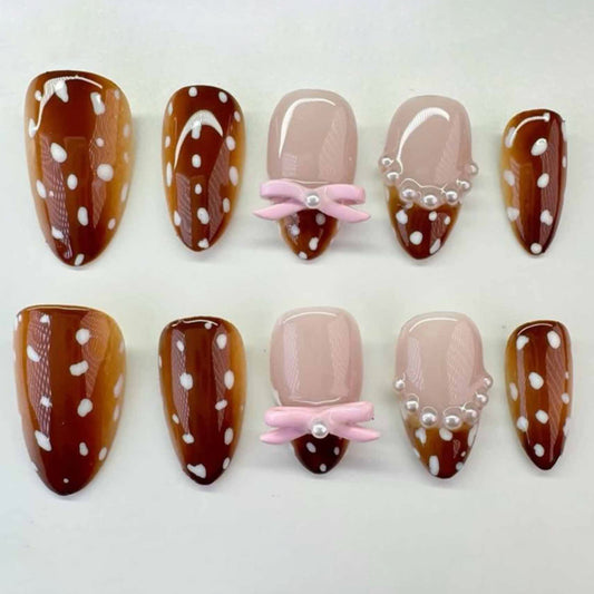 Charming Cocoa Elegance Medium Almond Brown Polka Dot Press on Nail Set with Whimsical Bow Details