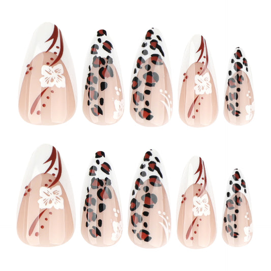 Wild Elegance Medium Almond Beige with Leopard Print and Floral Accents Press-On Nail Set