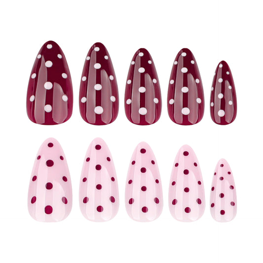 Charming Polka Dot Style Long Almond Burgundy and Pink with Glossy Finish Press on Nail Set