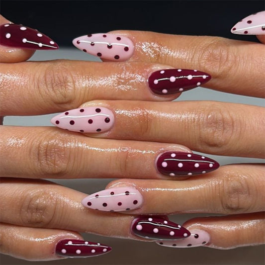 Chic Polka Dot Glamour Press-On Nail Set with Long Almond Length in Pink and Burgundy Featuring Whimsical Dot Accents