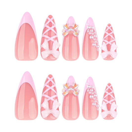 Charming Pastel Elegance Long Almond Pink Fingernail Set with Beautiful Bow and Pearl Accents