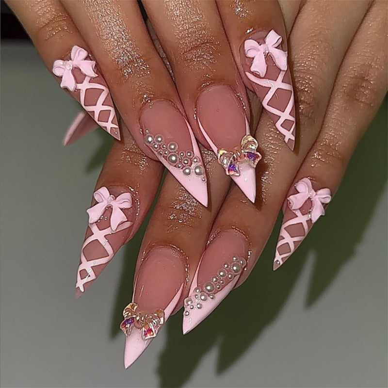 Charming Elegance Long Stiletto Pink Glittering Bow Press On Nail Set