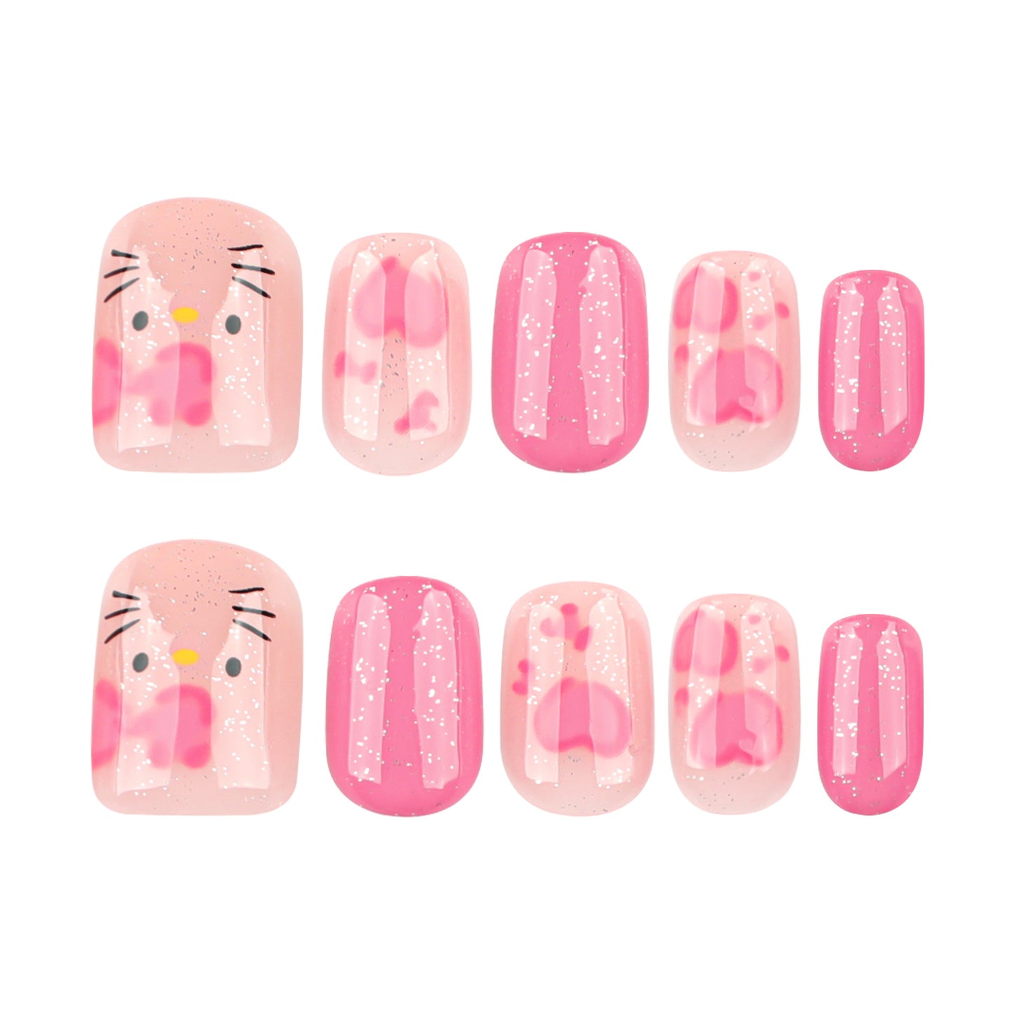 Adorable Cat Theme Press-On Nail Set in Soft Short Square Shape with Charming Pink Color and Sparkling Glitter Accents