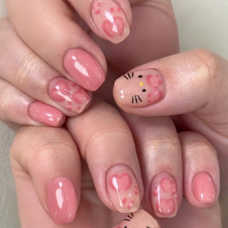 Adorable Feline Fantasy Long Oval Pink Press-On Nail Set with Cute Cat Face Design