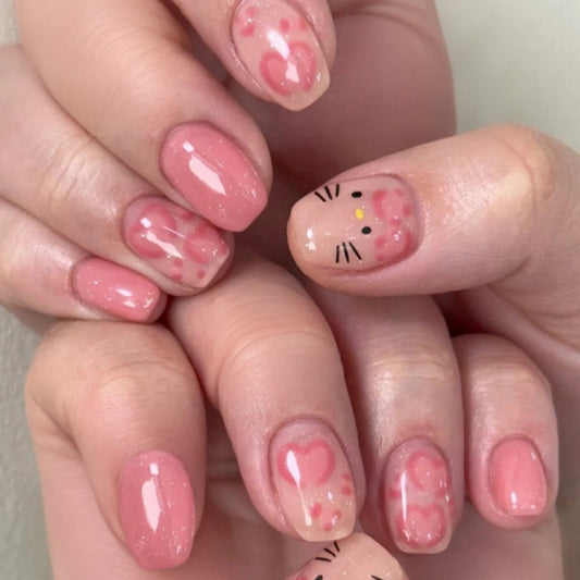 Adorable Feline Fantasy Long Oval Pink Press-On Nail Set with Cute Cat Face Design