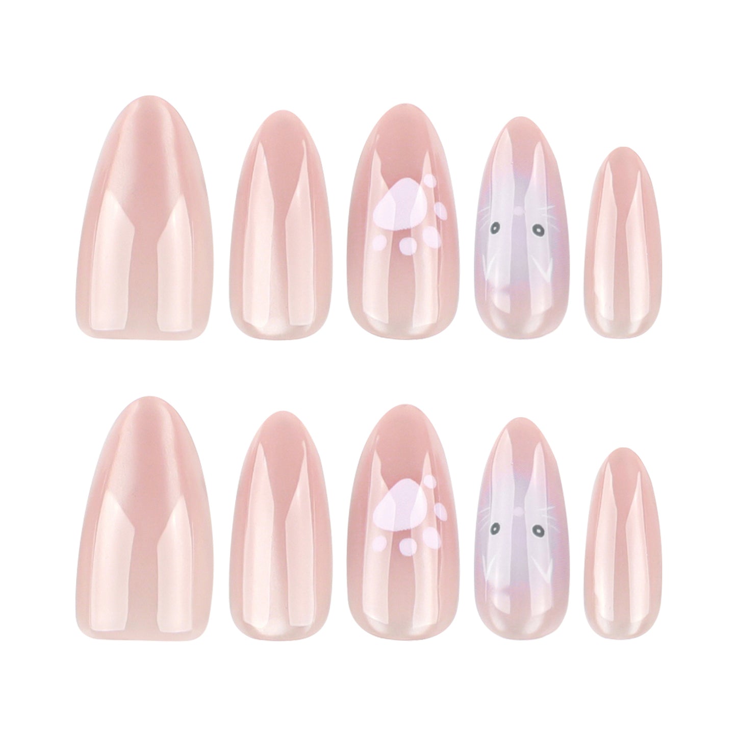 Whimsical Pastel Medium Almond Shape Pink Press On Nail Set with Adorable Animal Illustrations