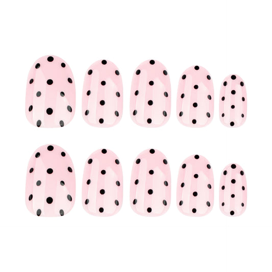 Sweet Delight Pink Short Oval Press-On Nail Set with Chic Black Polka Dots