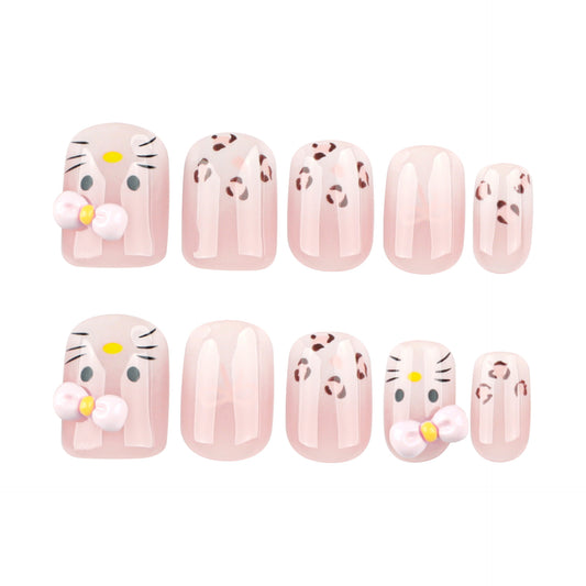 Charming Kitty Inspired Short Squoval Soft Pink Nail Set with Cute Bow and Leopard Print Accents