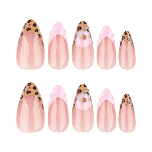 Wild Safari Glamour Medium Almond Pink Leopard Print Press On Nail Set with Elegant Rhinestone Accent