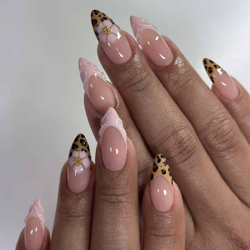 Wild Safari Pink Long Almond Press On Nail Set with Leopard Print Accent and Floral Design