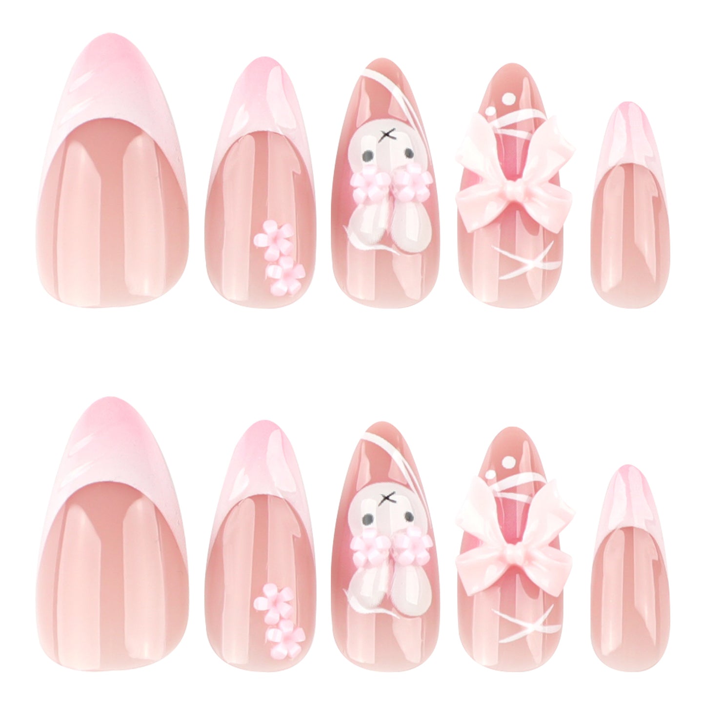 Set of pink nail art designs with cartoon characters and decorative elements on a white background