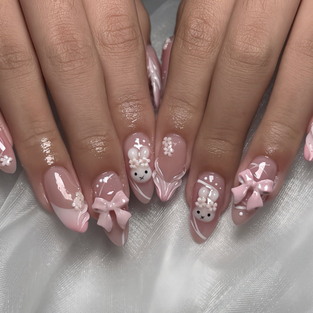 Charming Whimsical Press On Nail Set Medium Almond Shape Soft Pink with Adorable Bow and Floral Accents