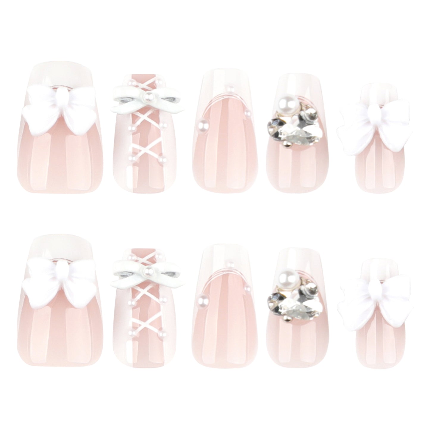 Charming Bridal Bliss Medium Coffin Blush Press-On Nails with Elegant Bow and Gem Accents