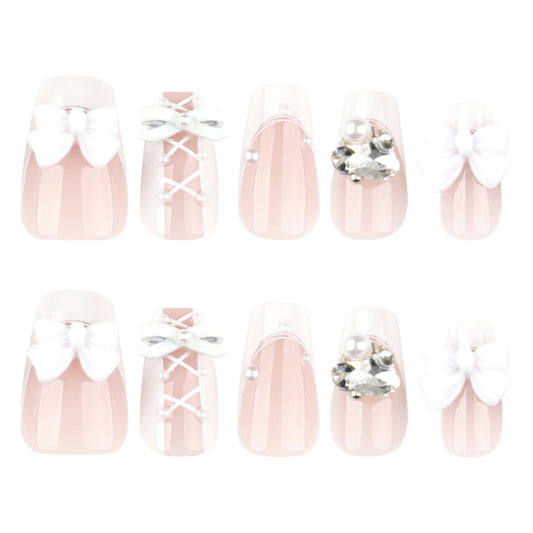 Charming Bridal Bliss Medium Coffin Blush Press-On Nails with Elegant Bow and Gem Accents