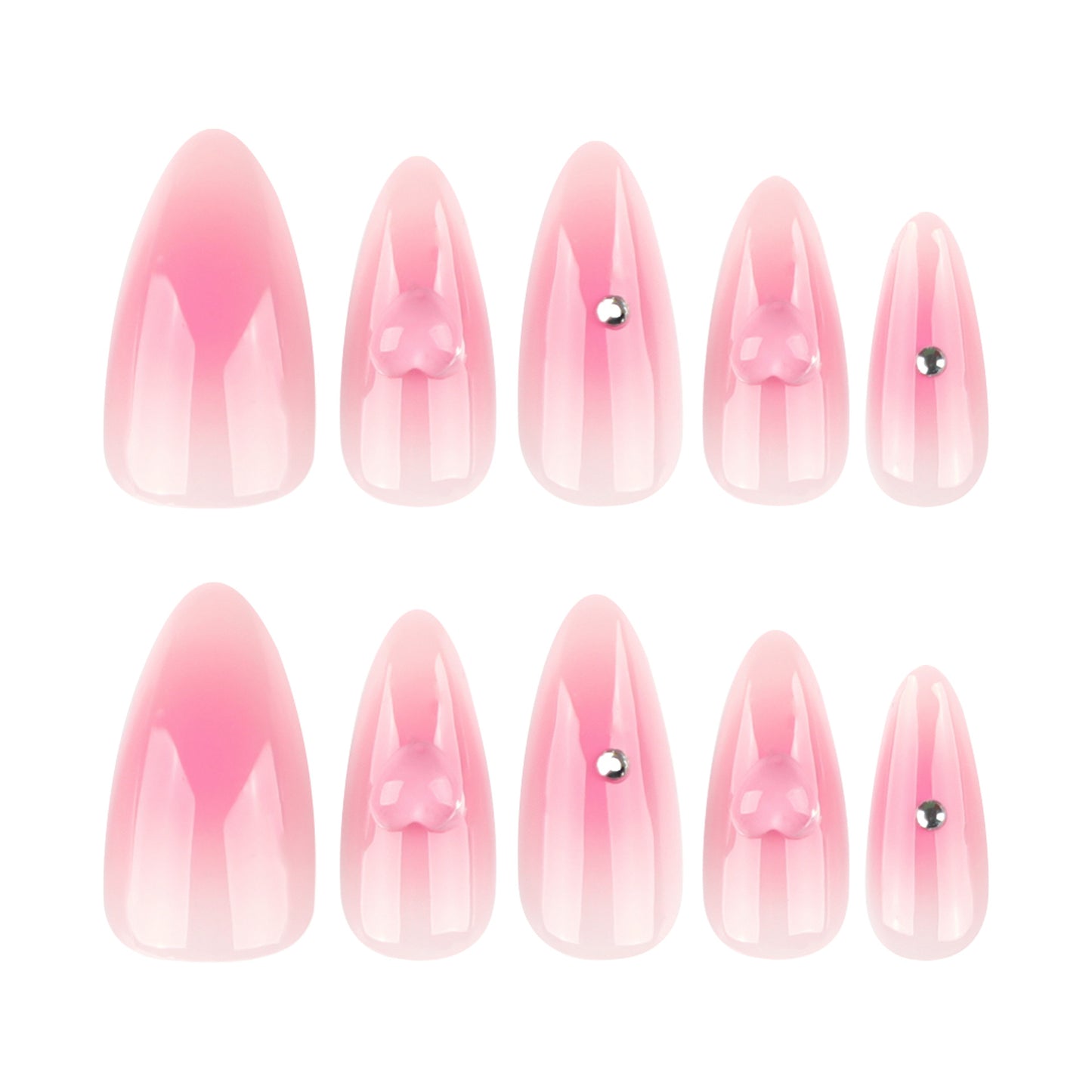 Charming Pink Ombre Long Almond Nail Set with Gemstone Accent
