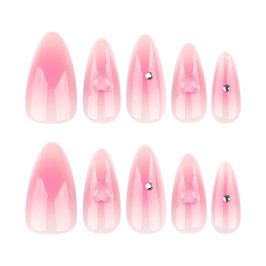 Charming Pink Ombre Long Almond Nail Set with Gemstone Accent