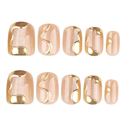 Elegant Serenity Soft Short Square Blush Pink Press-On Nail Set with Golden Curved Accents