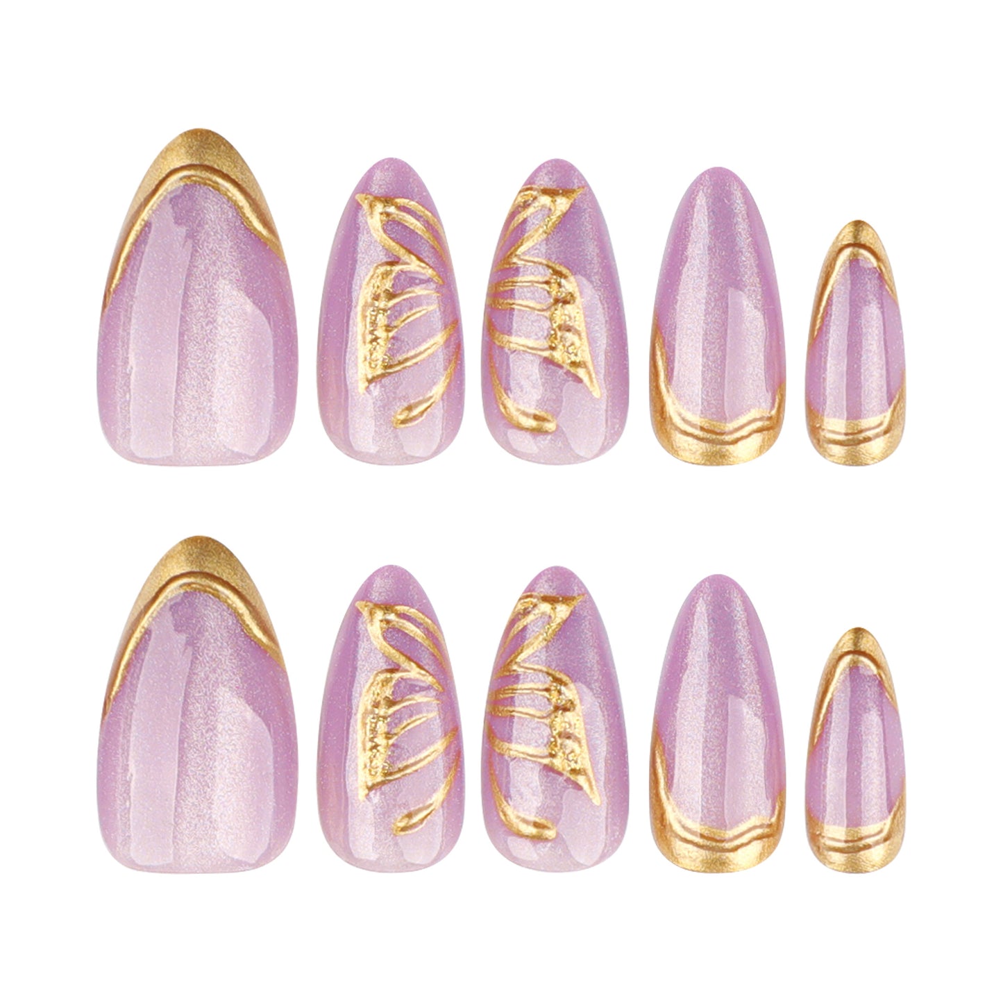 Enchanted Lavender Medium Almond Press On Nail Set in Shimmering Purple with Elegant Gold Detailing