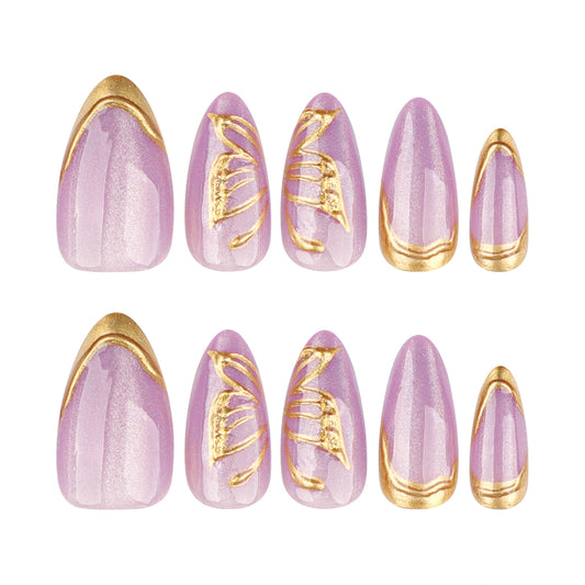 Enchanted Lavender Medium Almond Press On Nail Set in Shimmering Purple with Elegant Gold Detailing
