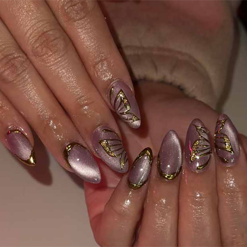 Enchanted Elegance Medium Almond Lavender with Gold Accents and Delicate Floral Design Press Nail Set