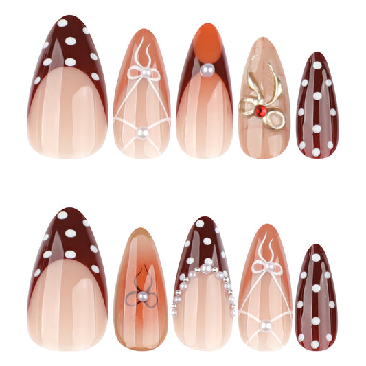 Chic Elegance Medium Almond Burgundy with Polka Dots and Glamorous Pearl Accents Press On Nail Set